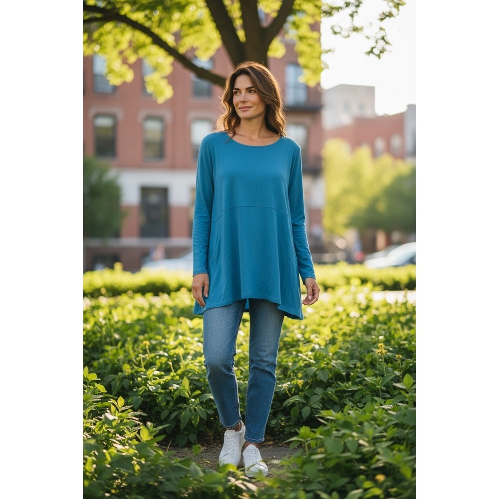 Soft‎ Surroundings Teal Blue Button Back Tunic Top Long Sleeve Pockets L PETITE